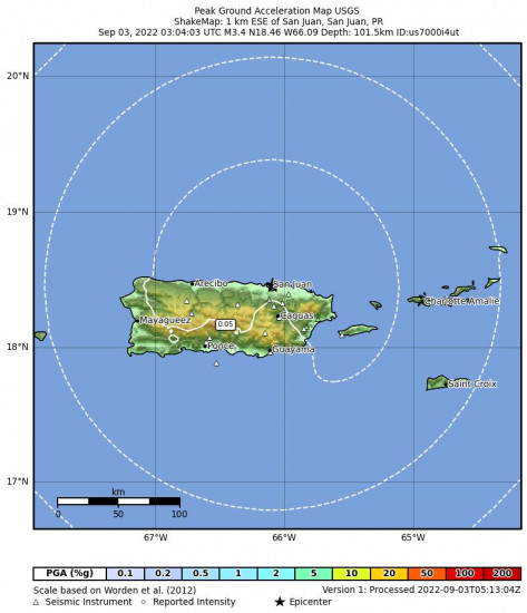 Peak Ground Acceleration Map for the San Juan, Puerto Rico 3.83m Earthquake, Friday Sep. 02 2022, 11:04:03 PM