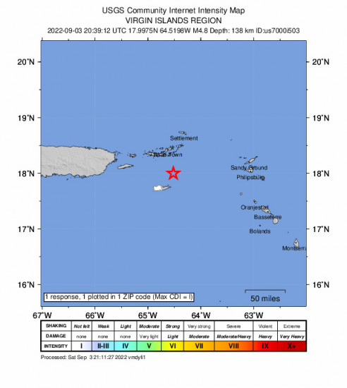 Community Internet Intensity Map for the Virgin Islands 4.43m Earthquake, Saturday Sep. 03 2022, 4:39:14 PM