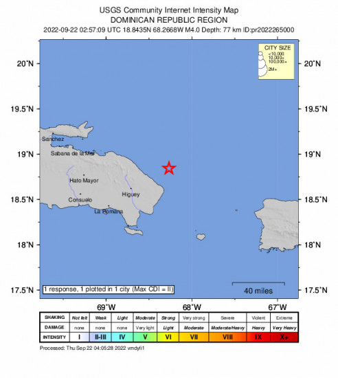 Community Internet Intensity Map for the Punta Cana, Dominican Republic 3.98m Earthquake, Wednesday Sep. 21 2022, 10:57:09 PM