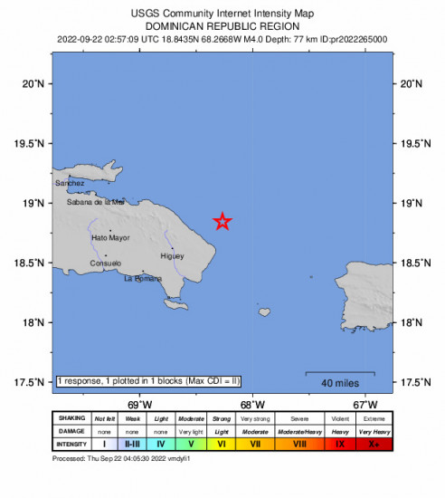 GEO Community Internet Intensity Map for the Punta Cana, Dominican Republic 3.98m Earthquake, Wednesday Sep. 21 2022, 10:57:09 PM