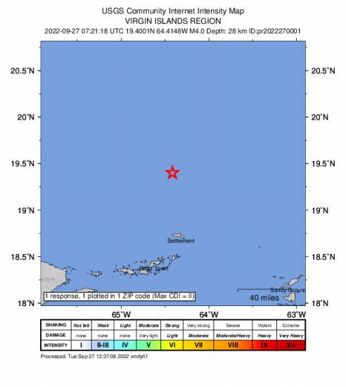 Community Internet Intensity Map for the Cruz Bay, U.s. Virgin Islands 3.99m Earthquake, Tuesday Sep. 27 2022, 3:21:18 AM