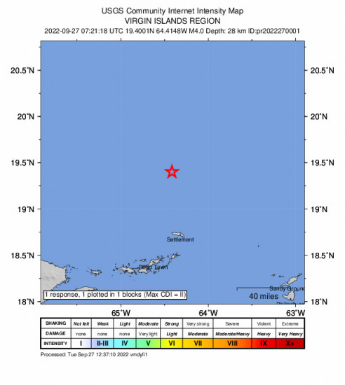 GEO Community Internet Intensity Map for the Cruz Bay, U.s. Virgin Islands 3.99m Earthquake, Tuesday Sep. 27 2022, 3:21:18 AM
