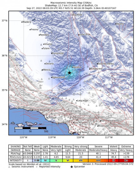 Macroseismic Intensity Map for the Bodfish, Ca 3.71m Earthquake, Tuesday Sep. 27 2022, 1:03:39 AM