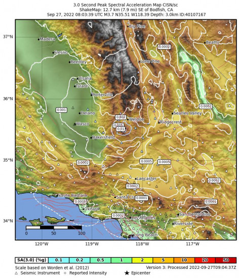 3 Second Peak Spectral Acceleration Map for the Bodfish, Ca 3.71m Earthquake, Tuesday Sep. 27 2022, 1:03:39 AM