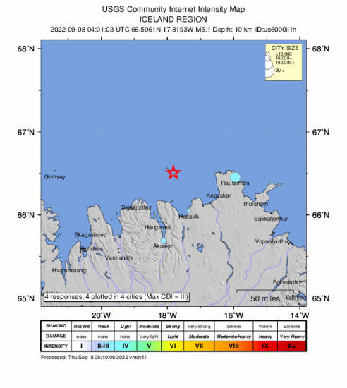 Community Internet Intensity Map for the Norðurþing, Iceland 5.1m Earthquake, Thursday Sep. 08 2022, 4:01:03 AM