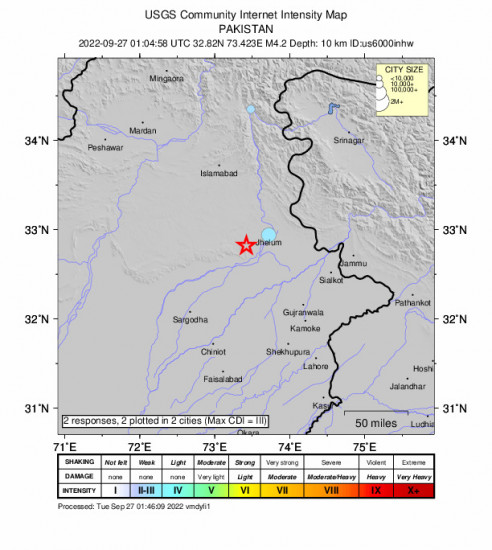Community Internet Intensity Map for the Mandi Bahauddin, Pakistan 4.2m Earthquake, Tuesday Sep. 27 2022, 6:04:58 AM