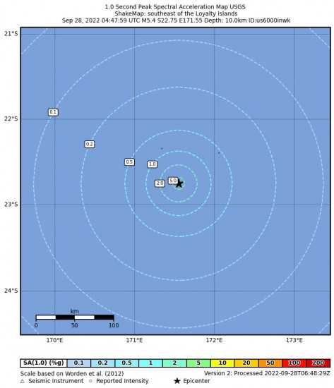 1 Second Peak Spectral Acceleration Map for the The Loyalty Islands 5.4m Earthquake, Wednesday Sep. 28 2022, 3:47:59 PM