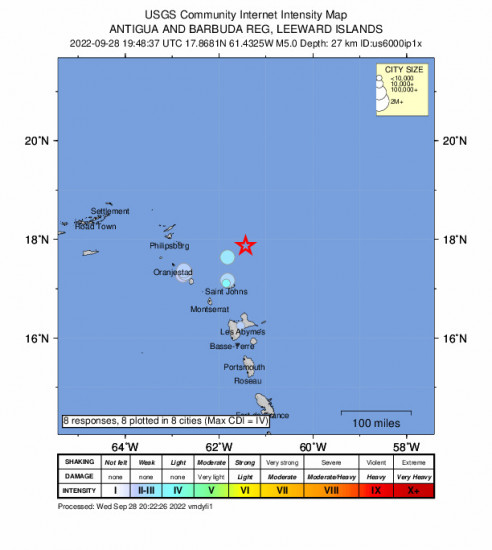 Community Internet Intensity Map for the Codrington, Antigua And Barbuda 5m Earthquake, Wednesday Sep. 28 2022, 3:48:37 PM