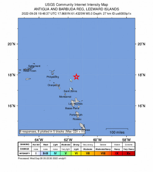 GEO Community Internet Intensity Map for the Codrington, Antigua And Barbuda 5m Earthquake, Wednesday Sep. 28 2022, 3:48:37 PM