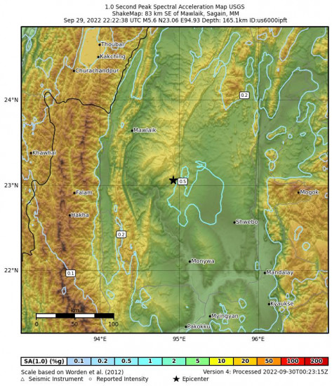 1 Second Peak Spectral Acceleration Map for the Mawlaik, Myanmar 5.6m Earthquake, Friday Sep. 30 2022, 4:52:38 AM