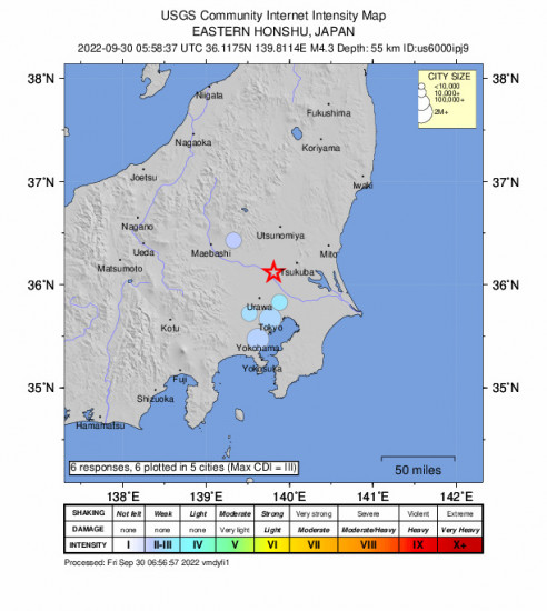 Community Internet Intensity Map for the Sakai, Japan 4.3m Earthquake, Friday Sep. 30 2022, 2:58:37 PM