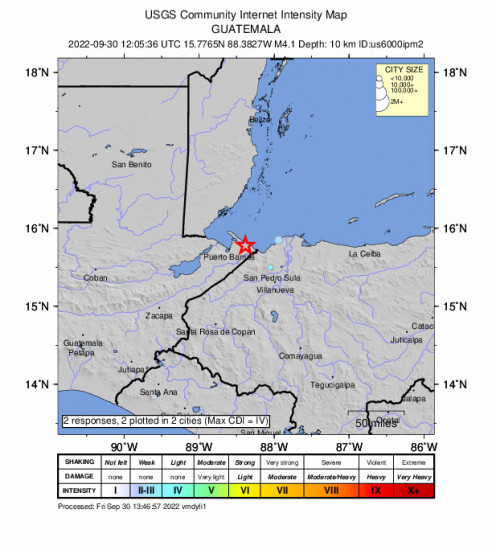 Community Internet Intensity Map for the Potrerillos, Honduras 4.1m Earthquake, Friday Sep. 30 2022, 6:05:36 AM