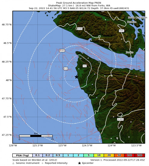 Peak Ground Acceleration Map for the Forks, Washington 3.49m Earthquake, Thursday Sep. 22 2022, 7:41:56 AM
