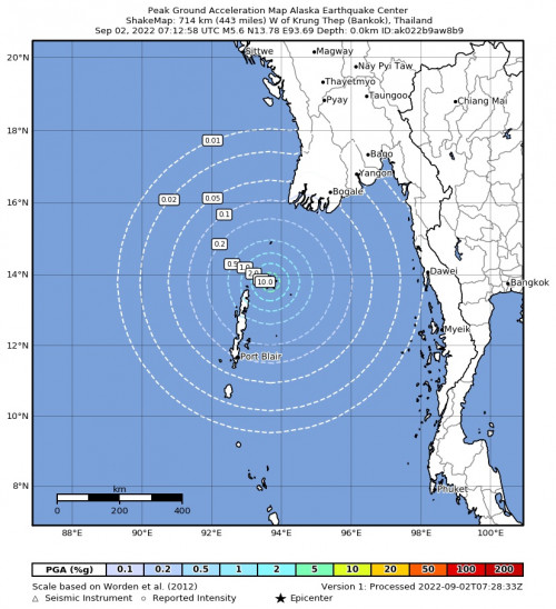 Peak Ground Acceleration Map for the Bamboo Flat, India 5.1m Earthquake, Friday Sep. 02 2022, 12:43:04 PM