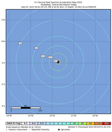 0.3 Second Peak Spectral Acceleration Map for the Central Mid-atlantic Ridge 6.9m Earthquake, Sunday Sep. 04 2022, 7:42:18 AM