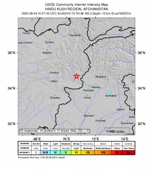 GEO Community Internet Intensity Map for the Jalālābād, Afghanistan 5.3m Earthquake, Monday Sep. 05 2022, 2:27:35 AM