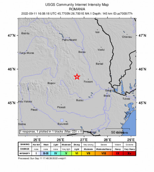 GEO Community Internet Intensity Map for the Paltin, Romania 4.1m Earthquake, Sunday Sep. 11 2022, 7:08:18 PM