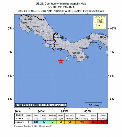 Community Internet Intensity Map for the Burica, Panama 5.2m Earthquake, Tuesday Sep. 13 2022, 1:41:18 PM