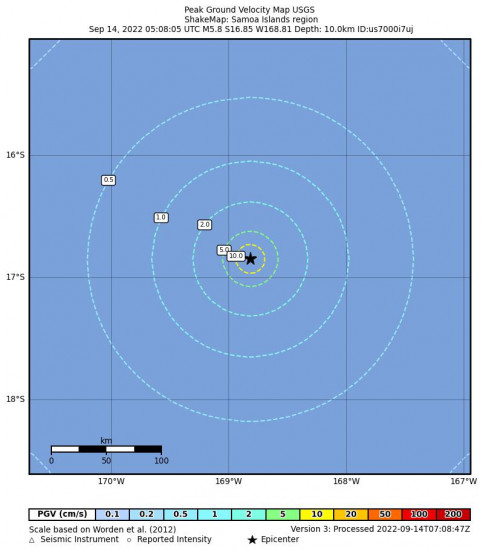 Peak Ground Velocity Map for the Ta`ū, American Samoa 5.8m Earthquake, Tuesday Sep. 13 2022, 7:08:05 PM