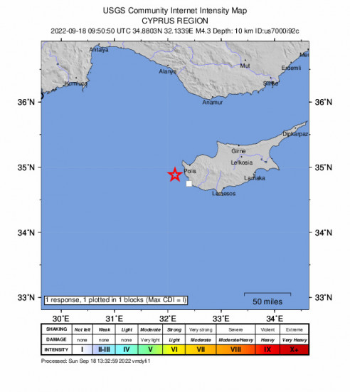 GEO Community Internet Intensity Map for the Pégeia, Cyprus 4.3m Earthquake, Sunday Sep. 18 2022, 12:50:50 PM