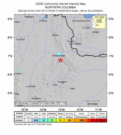 Community Internet Intensity Map for the Jordán, Colombia 4.9m Earthquake, Monday Sep. 19 2022, 1:12:40 AM