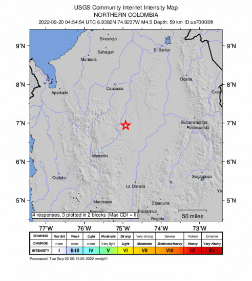 GEO Community Internet Intensity Map for the Amalfi, Colombia 4.5m Earthquake, Monday Sep. 19 2022, 11:54:54 PM