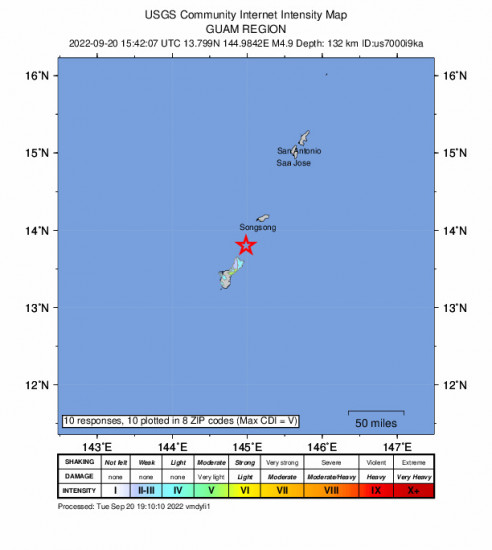 Community Internet Intensity Map for the Yigo Village, Guam 4.9m Earthquake, Wednesday Sep. 21 2022, 1:42:07 AM