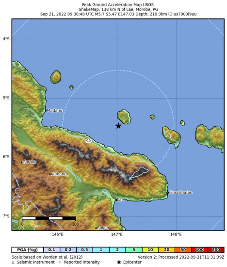 Peak Ground Acceleration Map for the Eastern New Guinea Region, Papua New Guinea 5.7m Earthquake, Wednesday Sep. 21 2022, 7:30:48 PM