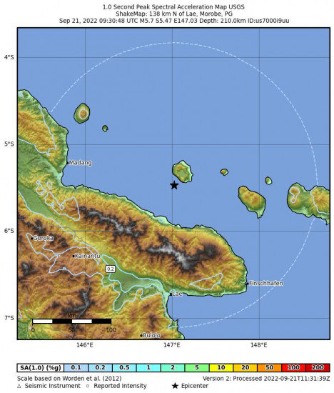 1 Second Peak Spectral Acceleration Map for the Eastern New Guinea Region, Papua New Guinea 5.7m Earthquake, Wednesday Sep. 21 2022, 7:30:48 PM