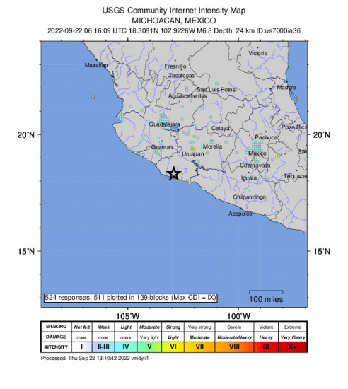 GEO Community Internet Intensity Map for the Michoacan, Mexico 6.8m Earthquake, Thursday Sep. 22 2022, 1:16:09 AM