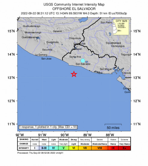 Community Internet Intensity Map for the La Libertad, El Salvador 4m Earthquake, Thursday Sep. 22 2022, 2:31:12 AM