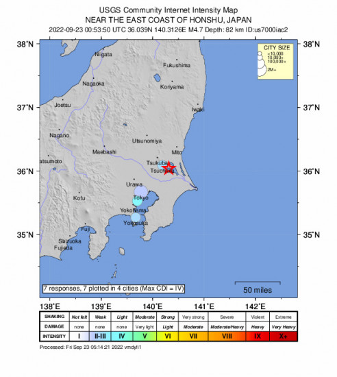 Community Internet Intensity Map for the Inashiki, Japan 4.7m Earthquake, Friday Sep. 23 2022, 9:53:50 AM