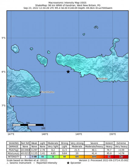 Macroseismic Intensity Map for the New Britain Region, Papua New Guinea 5.4m Earthquake, Friday Sep. 23 2022, 10:34:26 PM