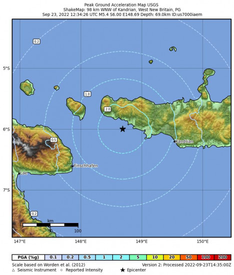 Peak Ground Acceleration Map for the New Britain Region, Papua New Guinea 5.4m Earthquake, Friday Sep. 23 2022, 10:34:26 PM