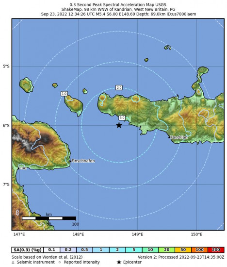 0.3 Second Peak Spectral Acceleration Map for the New Britain Region, Papua New Guinea 5.4m Earthquake, Friday Sep. 23 2022, 10:34:26 PM