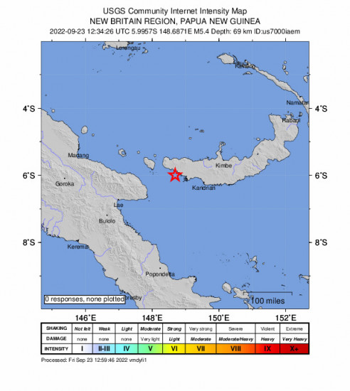 GEO Community Internet Intensity Map for the New Britain Region, Papua New Guinea 5.4m Earthquake, Friday Sep. 23 2022, 10:34:26 PM