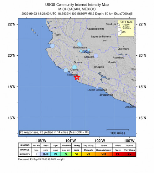 Community Internet Intensity Map for the Aquila, Mexico 5.2m Earthquake, Friday Sep. 23 2022, 1:26:00 PM