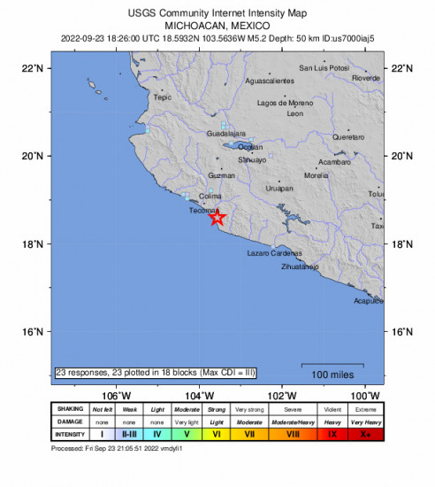 GEO Community Internet Intensity Map for the Aquila, Mexico 5.2m Earthquake, Friday Sep. 23 2022, 1:26:00 PM
