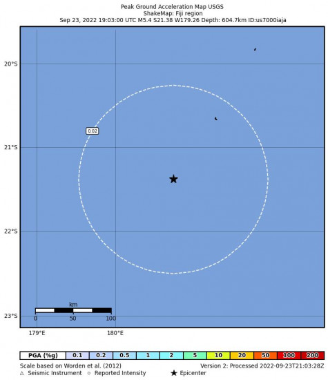 Peak Ground Acceleration Map for the Fiji Region 5.4m Earthquake, Saturday Sep. 24 2022, 7:03:00 AM