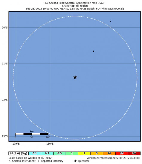 3 Second Peak Spectral Acceleration Map for the Fiji Region 5.4m Earthquake, Saturday Sep. 24 2022, 7:03:00 AM