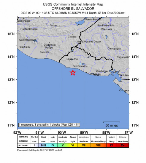 GEO Community Internet Intensity Map for the La Libertad, El Salvador 4.1m Earthquake, Friday Sep. 23 2022, 6:14:38 PM