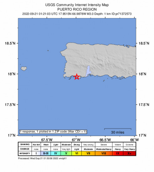 Community Internet Intensity Map for the La Parguera, Puerto Rico 2.98m Earthquake, Tuesday Sep. 20 2022, 9:21:03 PM