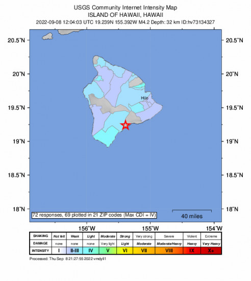 Community Internet Intensity Map for the Pāhala, Hawaii 4.16m Earthquake, Thursday Sep. 08 2022, 2:04:03 AM