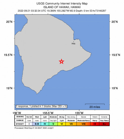 GEO Community Internet Intensity Map for the Hawaii, Hawaii 2.94m Earthquake, Tuesday Sep. 20 2022, 5:32:34 PM