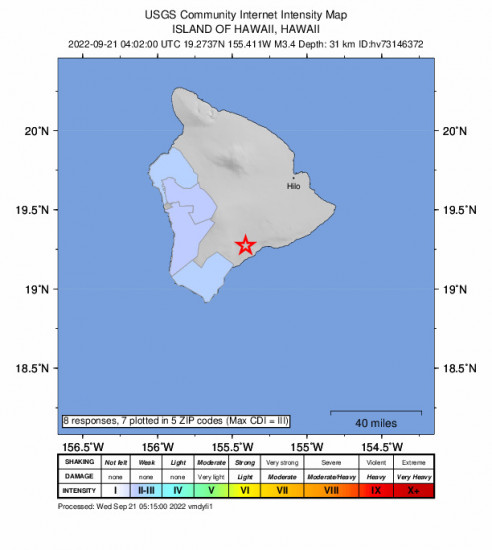 Community Internet Intensity Map for the Pāhala, Hawaii 3.36m Earthquake, Tuesday Sep. 20 2022, 6:02:00 PM
