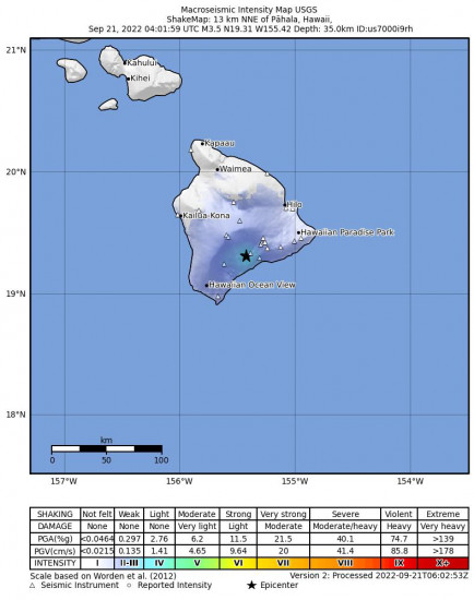Macroseismic Intensity Map for the Pāhala, Hawaii 3.36m Earthquake, Tuesday Sep. 20 2022, 6:02:00 PM