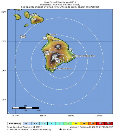 Peak Ground Velocity Map for the Pāhala, Hawaii 3.36m Earthquake, Tuesday Sep. 20 2022, 6:02:00 PM