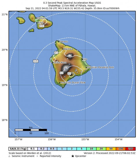 0.3 Second Peak Spectral Acceleration Map for the Pāhala, Hawaii 3.36m Earthquake, Tuesday Sep. 20 2022, 6:02:00 PM