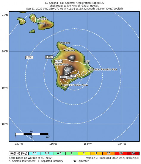 3 Second Peak Spectral Acceleration Map for the Pāhala, Hawaii 3.36m Earthquake, Tuesday Sep. 20 2022, 6:02:00 PM