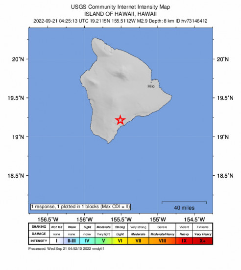 GEO Community Internet Intensity Map for the Pāhala, Hawaii 2.9m Earthquake, Tuesday Sep. 20 2022, 6:25:13 PM